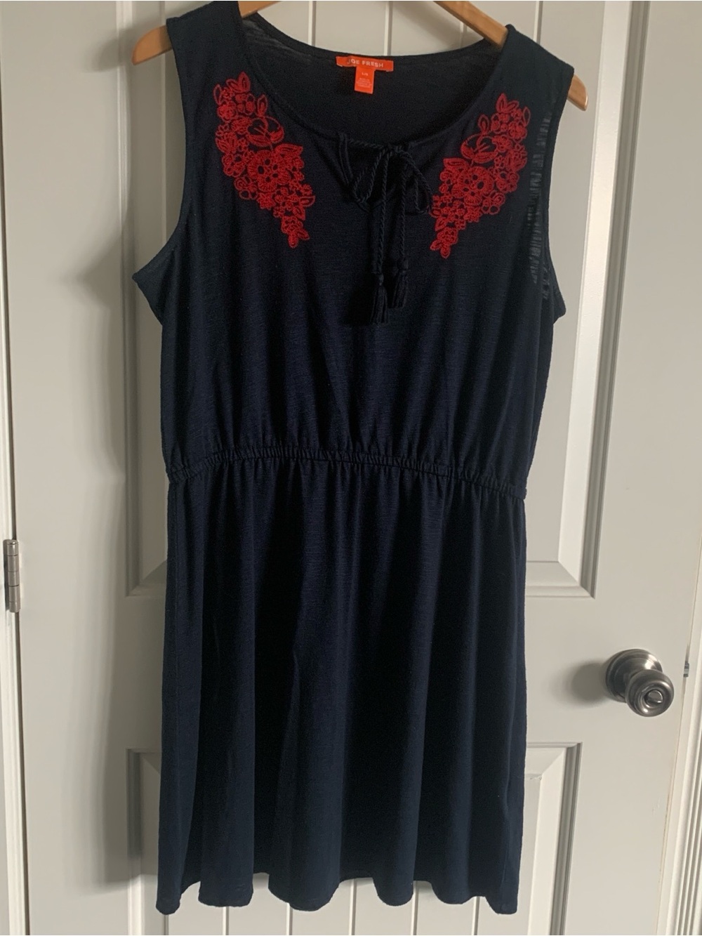 Joe Fresh Navy Dress size large sleeveless buttonhole tie summer casual